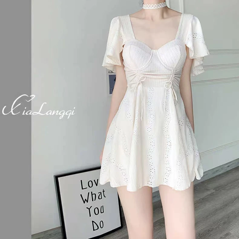 YIYAN/以嫣微胖泳衣女纯色韩版简约温泉保守显瘦遮肉遮肚连衣裙式