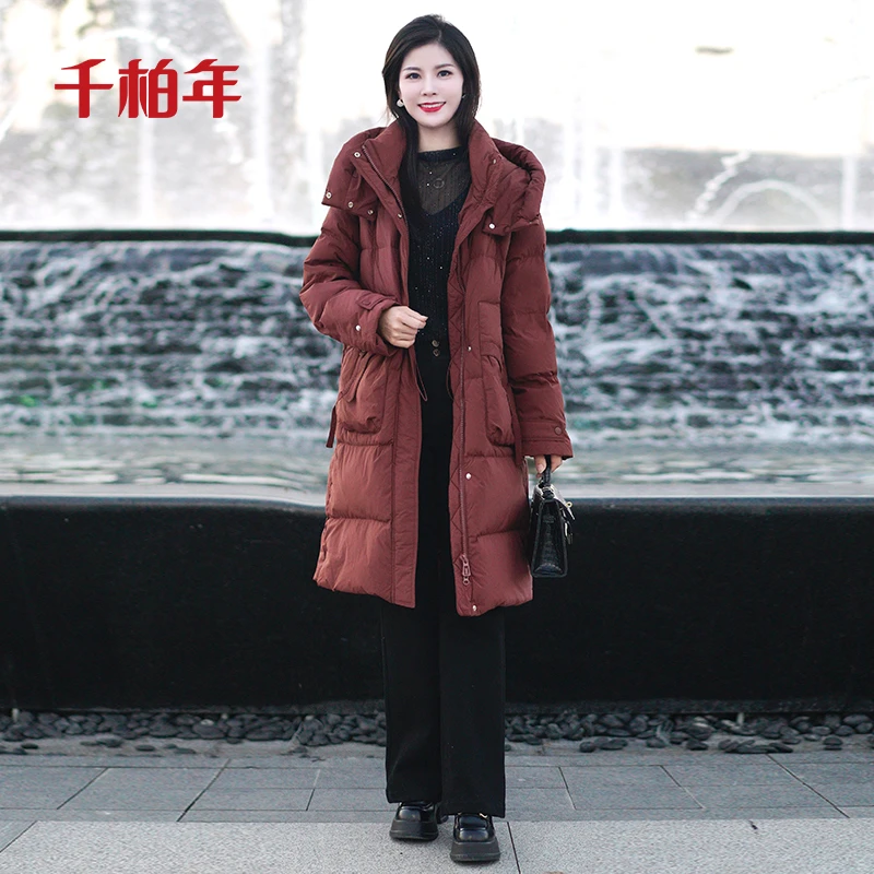 千柏年【冬日恋岛】90白鸭绒长款连帽保暖出行茧型羽绒服-C1175