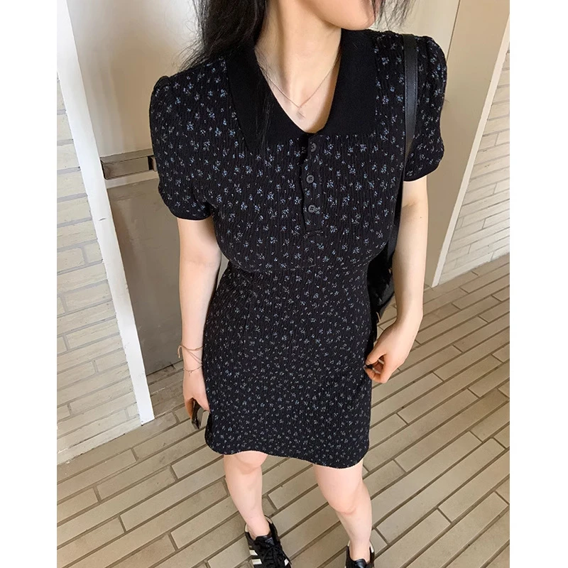 夏季复古显瘦小个子黑色翻领短袖针织方领女装连衣裙莫奈花园风