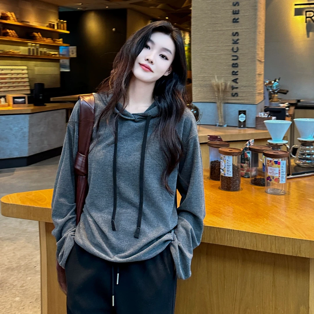 大漂亮今婷韩版软糯舒适设计感撞色抽绳连帽纯色卫衣女-H24401310