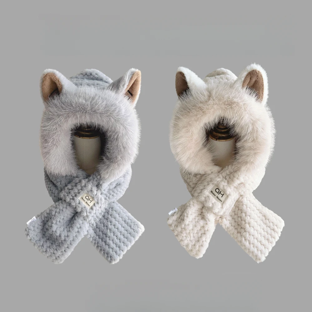 帽子套装两件套小狐狸毛绒围巾秋冬防风护耳可爱冬季女保暖帽子