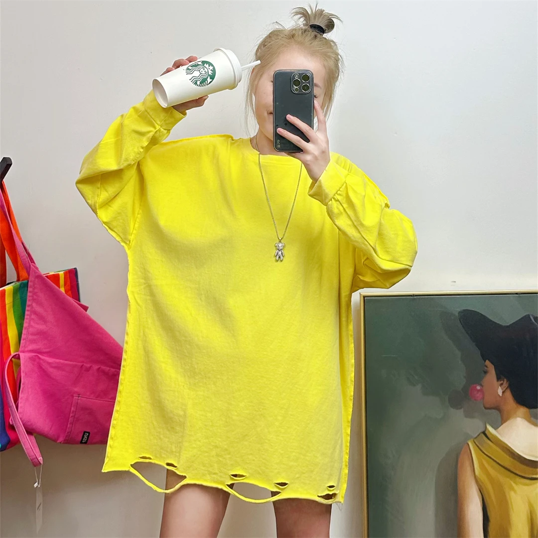 欧洲站磨毛卫衣女长袖纯棉中长款破洞T恤宽松bf风秋冬新款打底衫T