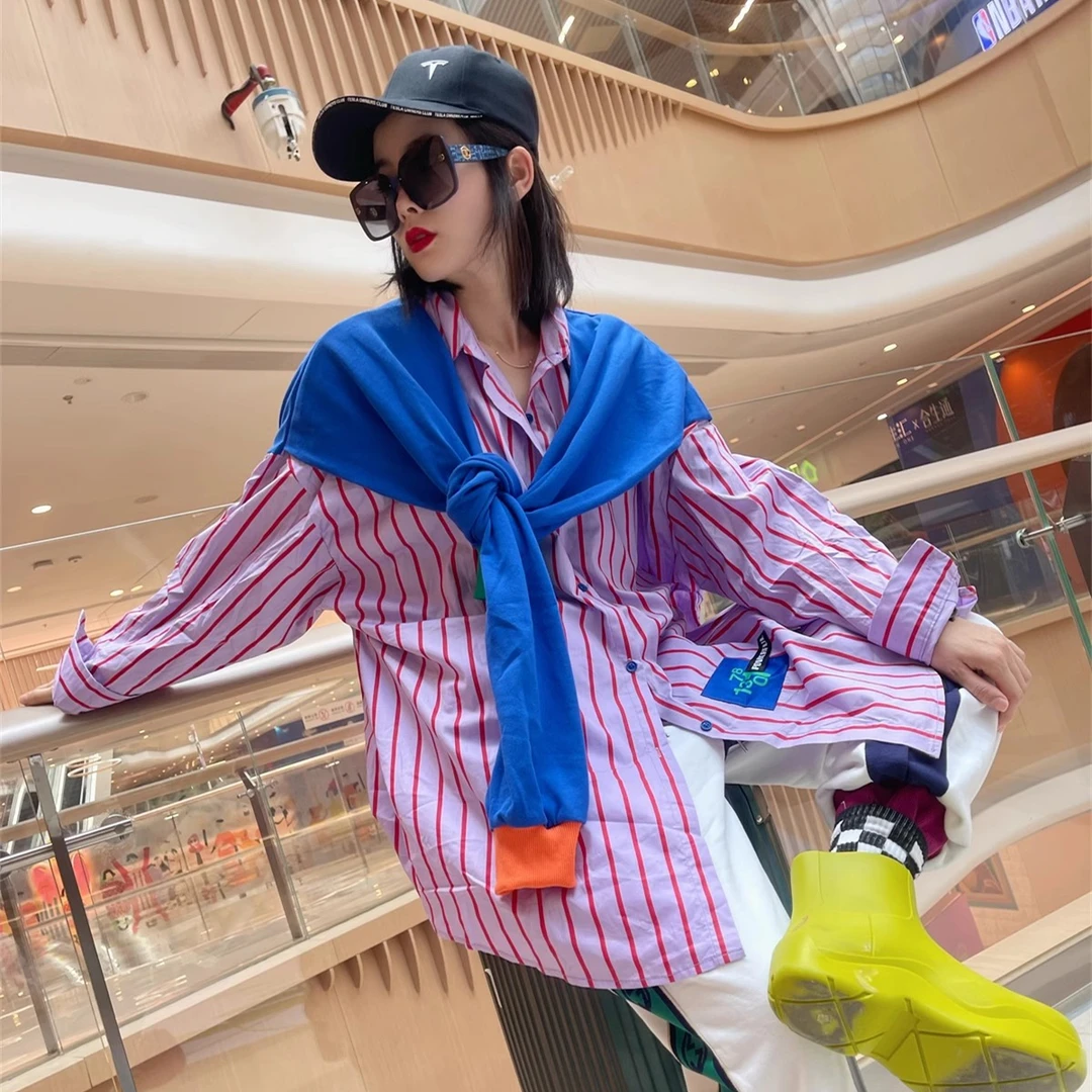 欧货中长款假两件条纹拼接长袖衬衫女秋季新款宽松慵懒风大码上衣