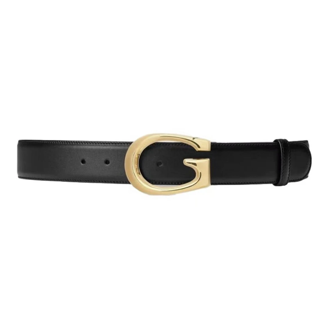99新 GUCCI/古驰 金标单G扣黑色光面腰带 4CM宽 男士经典百搭真皮