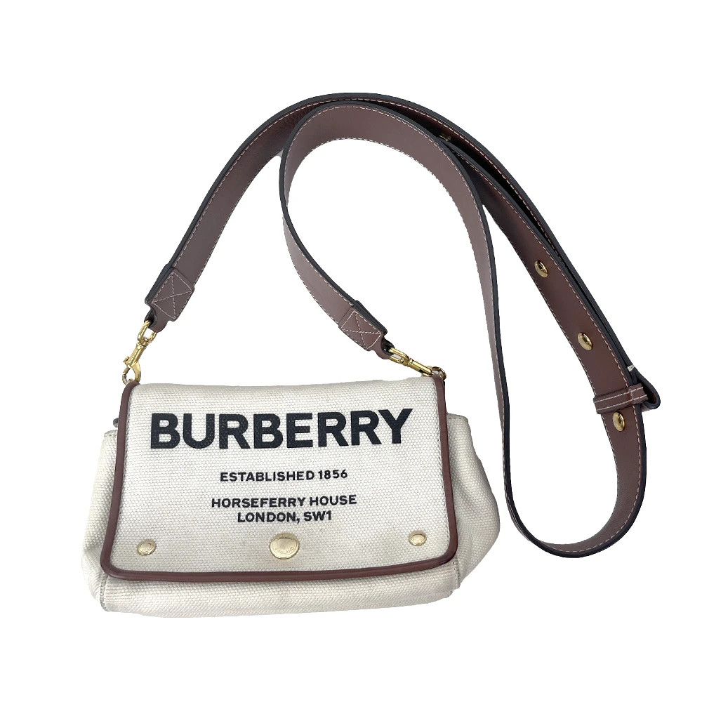 95新 BURBERRY/博柏利 复古 LOGO印花 邮差包 米白色拼咖色