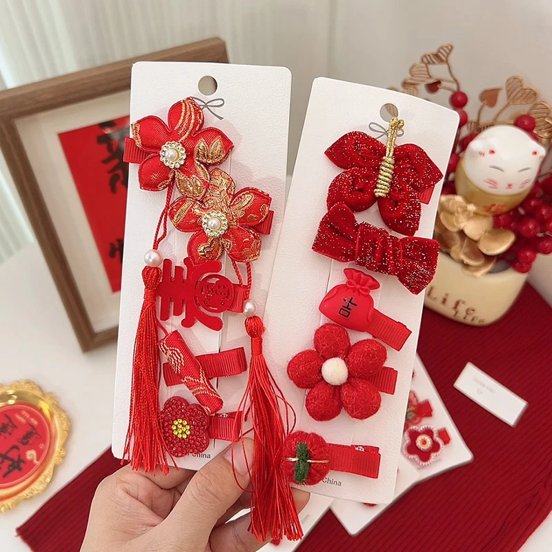 新年红色蝴蝶结发夹女孩中国风可爱发卡新春喜庆碎发刘海夹子儿童
