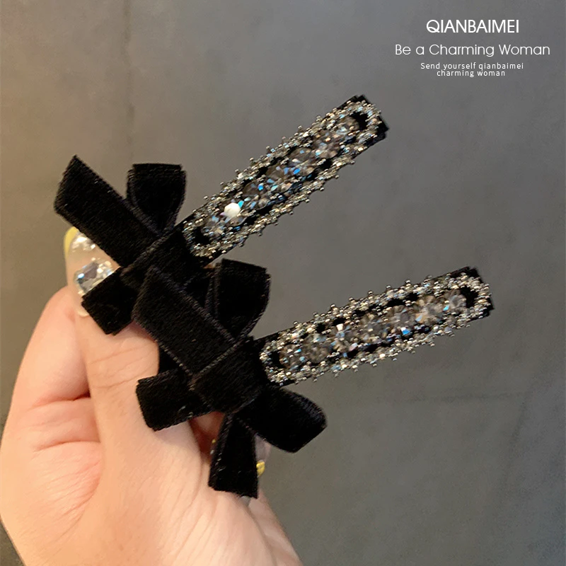 轻奢复古刘海侧边夹丝绒蝴蝶结黑色小香风高级感ins韩版碎发夹