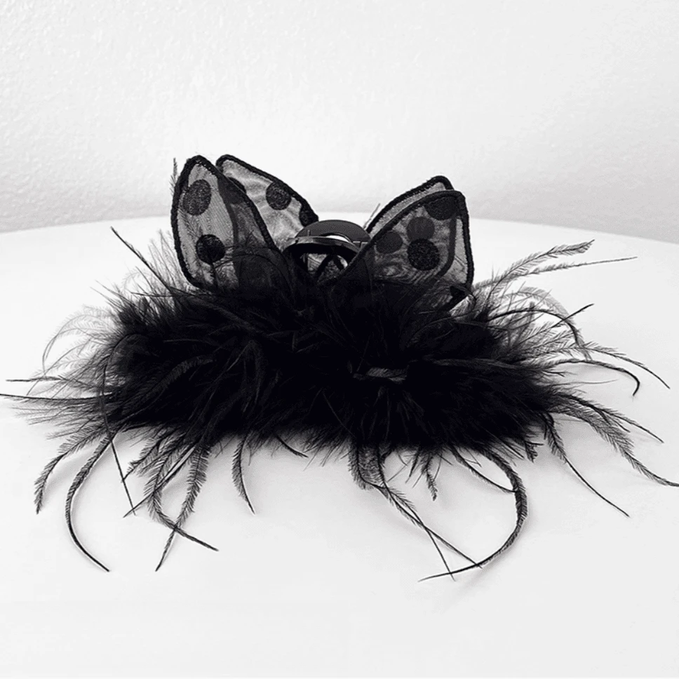 纯欲风黑色兔耳羽毛流苏抓夹2024秋冬新款轻奢高级感盘发鲨鱼夹