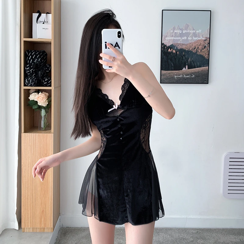 睡衣女春秋冬性感金丝绒睡裙薄款带胸垫镂空露背连衣裙家居服