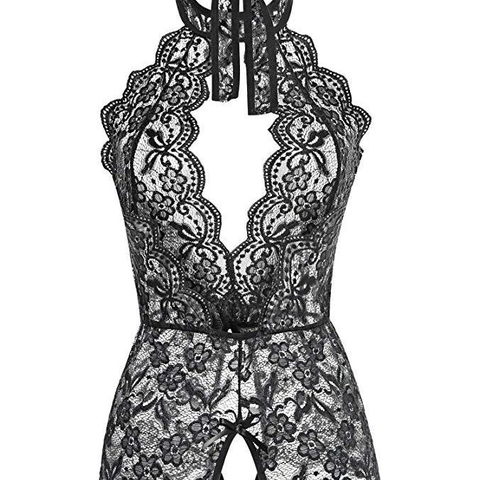 欧美新款蕾丝镂空印花挂脖套装睡衣