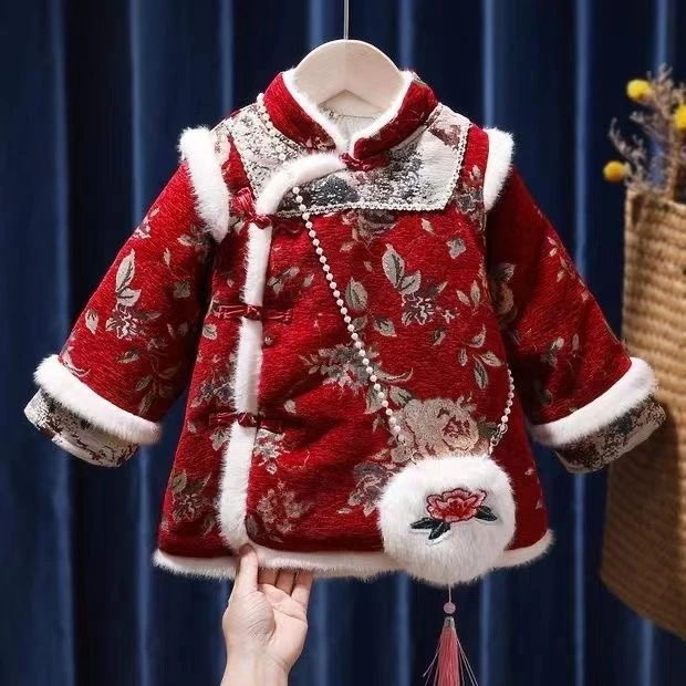 汉服女童喜庆拜年服儿童中国风棉袄加厚冬装周岁旗袍唐装