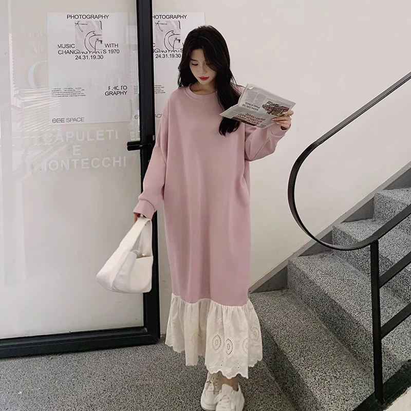 孕妇韩版撞色拼接卫衣裙秋冬新款宽松减龄连衣裙过膝荷叶边中长裙