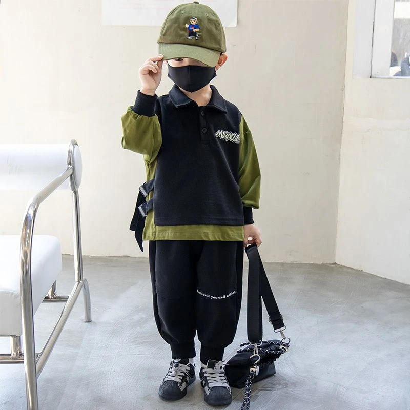 加绒男童套装春秋款洋气韩版春秋装春秋季新款拼色童两件套SK252
