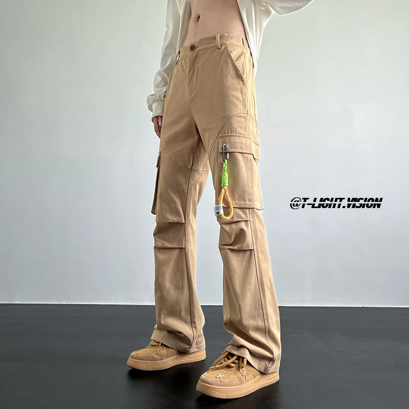 伐木裤男拼接美式高街修身纯色百搭休闲裤秋季褶皱大口袋工装裤子