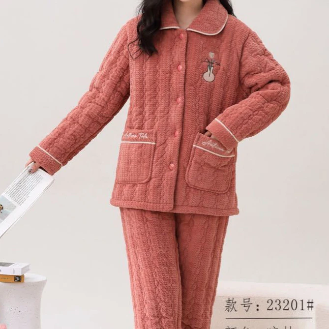 亲美梦大码23201冬天加绒加厚牛奶绒睡衣女套装冬款女士保暖女士