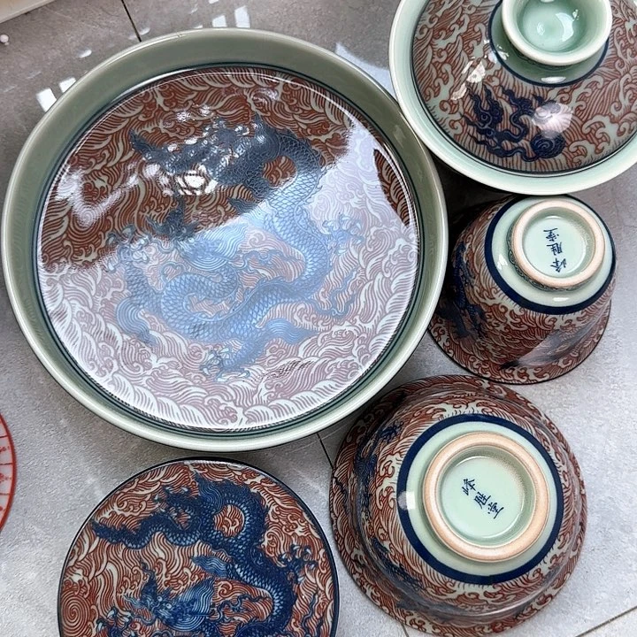 杯青釉海水龙五件套