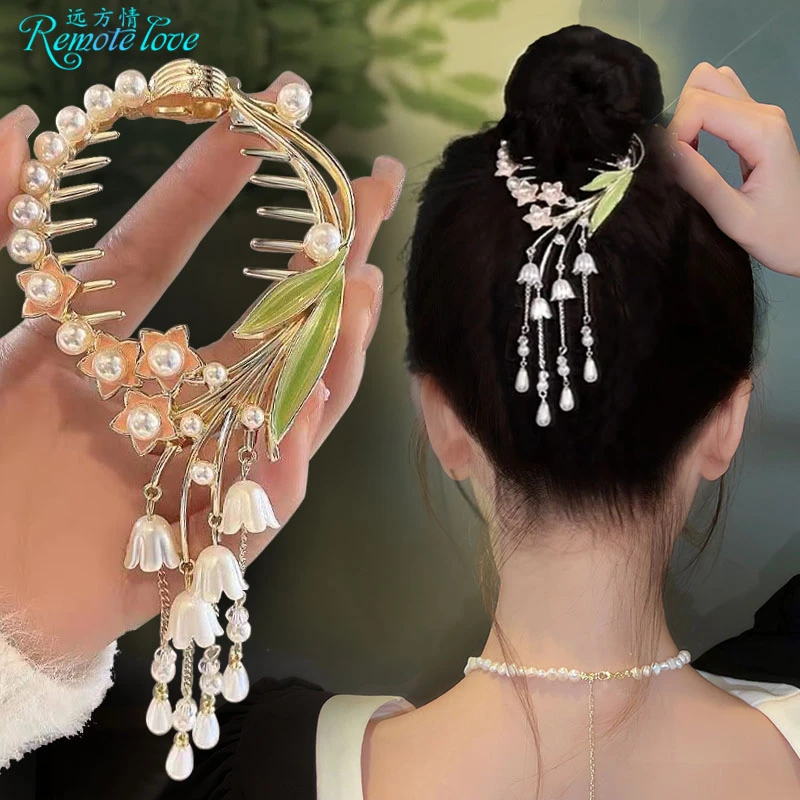 remote love/远方情 锌合金仿珍珠发饰 超仙铃兰花丸子头夹T1702