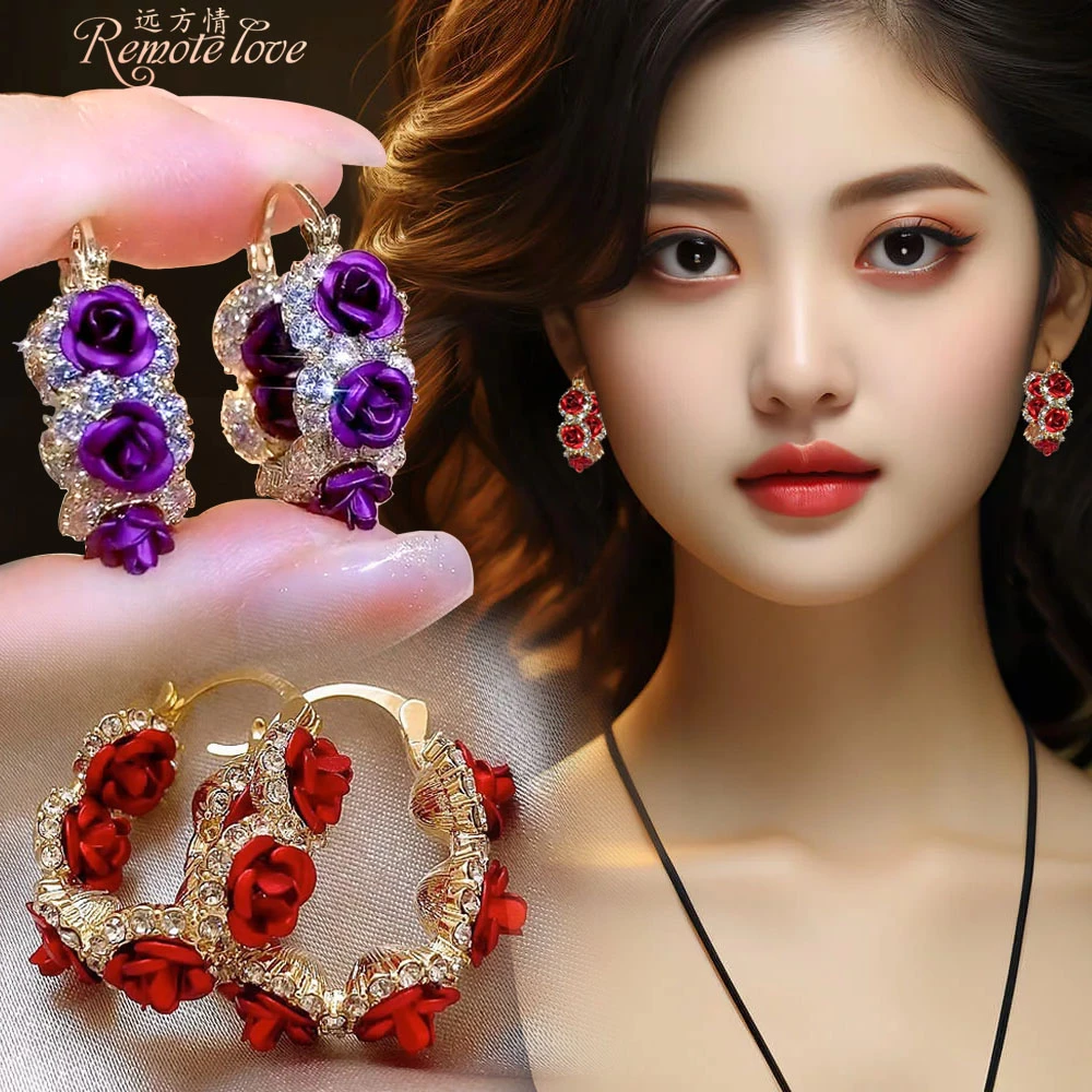 remote love/远方情 合金玻璃耳饰 复古玫瑰花耳圈耳环耳钉E1375