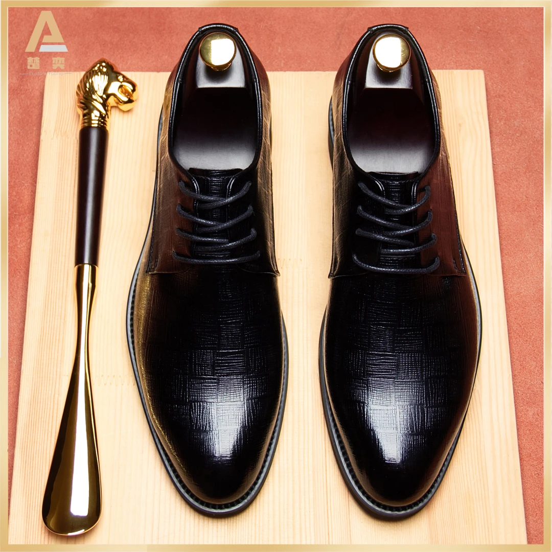 商务休闲男皮鞋真皮英伦百搭正装德比鞋增高黑色结婚新郎尖头系带