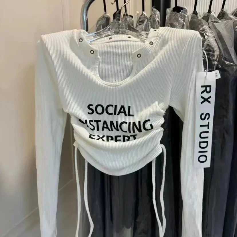 美式辣妹短款字母印花垫肩长袖t恤2024秋冬内搭褶皱收腰打底女