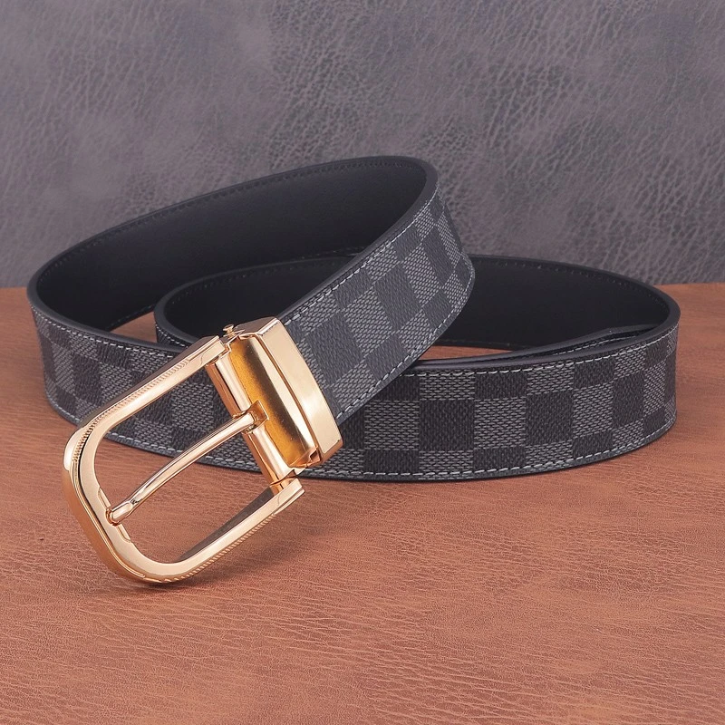 男士皮带潮流真皮格子个性大针扣百搭休闲宽腰带韩版青年浅色裤带