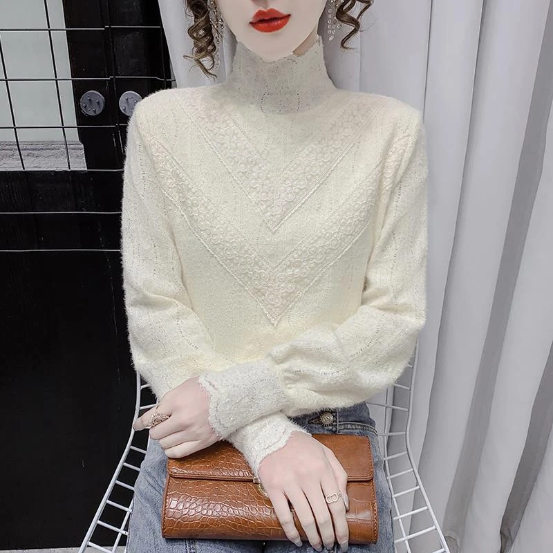 半高领加绒加厚蕾丝打底衫女秋冬装新款洋气高档内搭小衫上衣