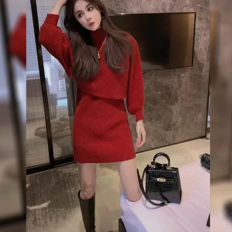 高领披肩针织毛衣连衣裙两件套装女冬季新款欧货高级感复古包臀裙