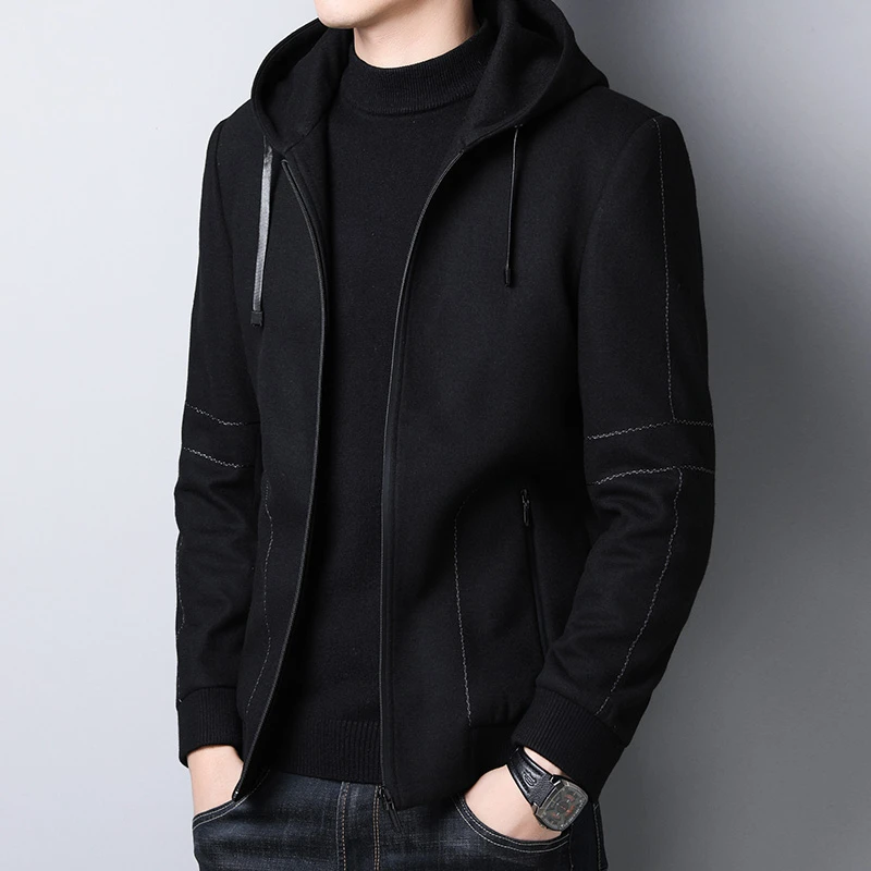 路约威格男士夹克男连帽呢子衣短款秋冬季商务男装加厚毛呢外套