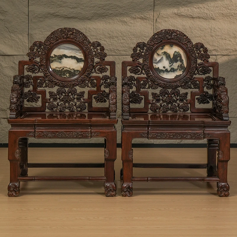 清 红木镶云石透雕灵芝纹扶手椅（一对）古董家具