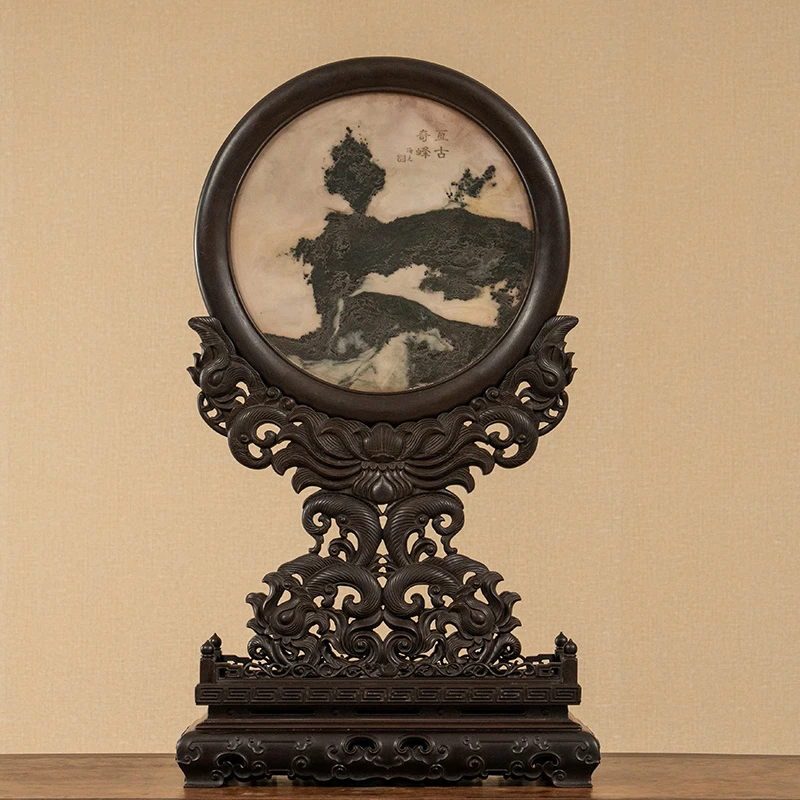 清代 紫檀镶云石西番莲纹圆形座屏古董收藏