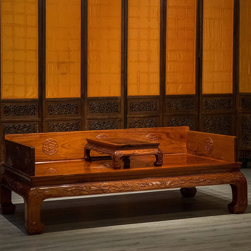 红木浮雕福禄寿三围独板罗汉床及炕桌