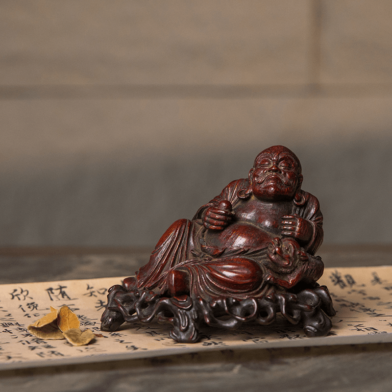 清 竹雕戏狮罗汉（红木座）