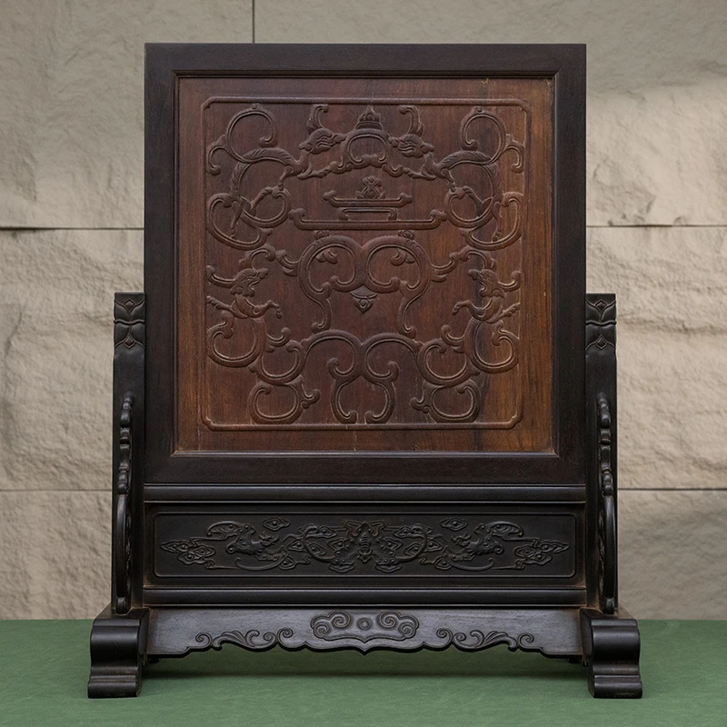 清代 紫檀嵌黄花梨浮雕螭龙捧寿插屏古董艺术品