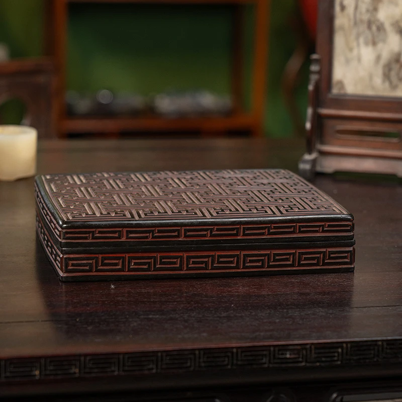 清 剔犀万字锦地纹盖盒古董收藏