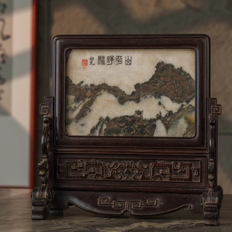 清 紫檀镶云石龙纹插屏古董艺术品