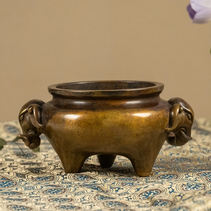 清 铜象耳三足炉古董收藏