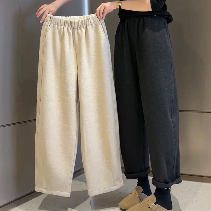 加绒深灰色直筒休闲裤女2024秋冬加厚胖妹妹mm高腰显瘦毛呢卫裤子