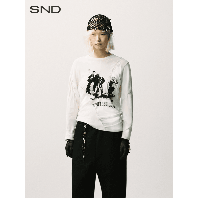【TRINITE 设计师品牌】SND SS24 褶皱分割印花做旧感长袖上衣 休闲