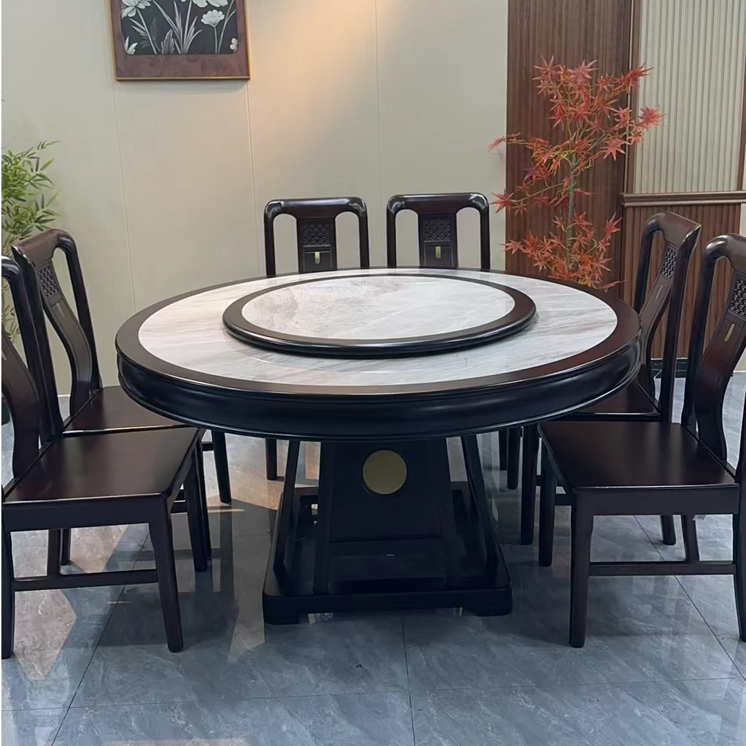 岩板乌金木圆餐桌带转盘现代中式简约家用餐桌大尺寸轻奢组合餐椅