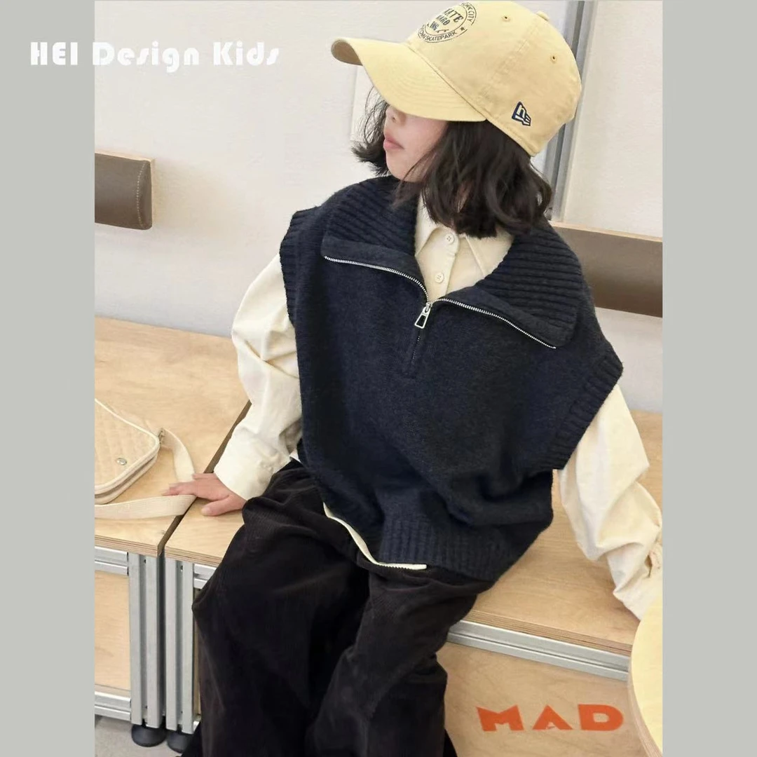 【设计师品牌】秋季新款中大童亲子纯色百搭无袖翻领针织毛衣 3075
