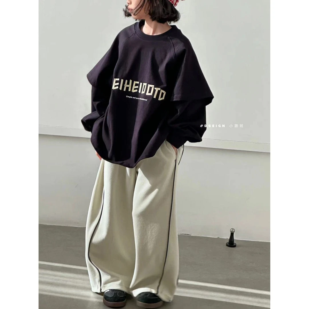 【设计师品牌】秋韩版新款中大童亲子假两件白墨转印长袖卫衣 6181