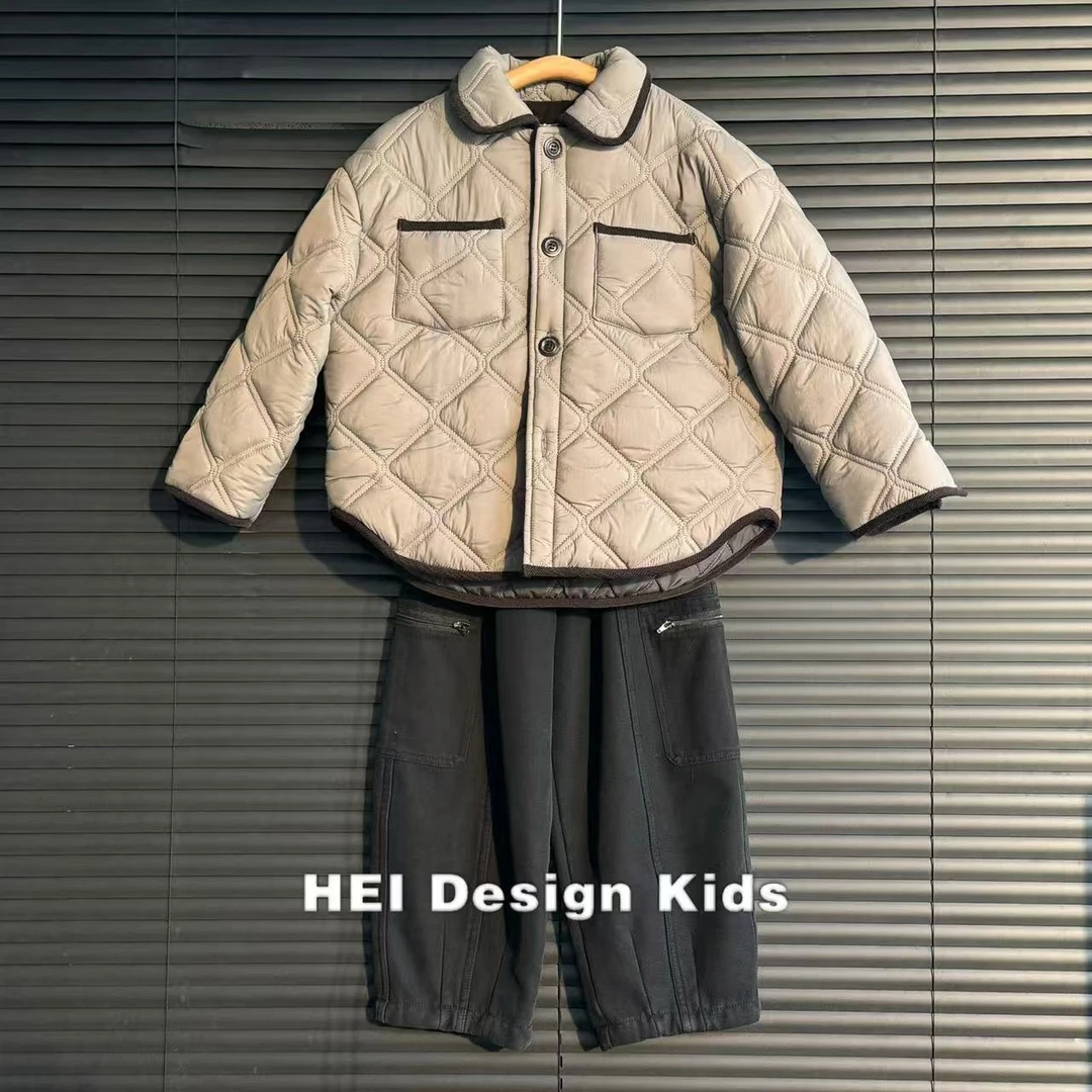 时尚百搭设计师款加棉加厚撞色菱形格棉服外套冬季中大童 5100