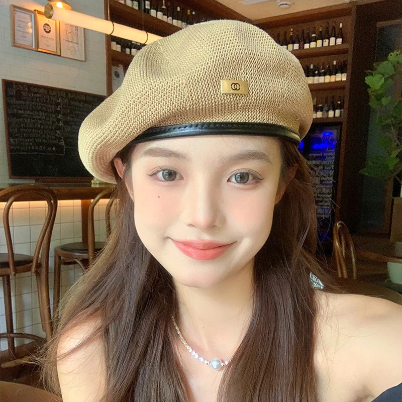 夏季薄款透气贝雷帽女百搭金属复古皮檐画家帽子潮