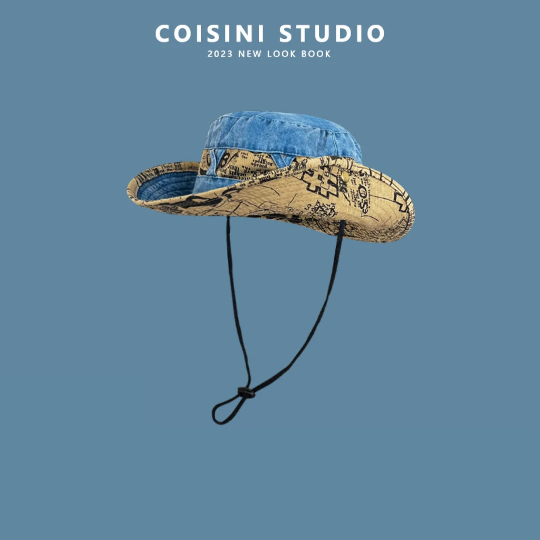 个性撞色字母渔夫帽日系街头潮牌女百搭登山帽户外露营西部牛仔帽