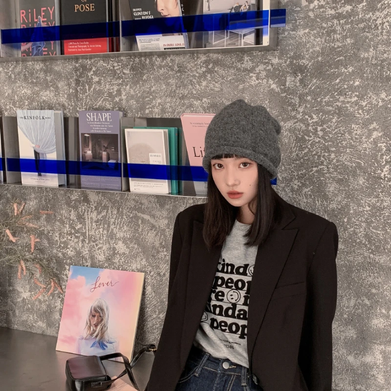 羊驼毛灰色毛线帽女秋冬百搭黑色针织帽子显脸小堆堆帽大头围冷帽