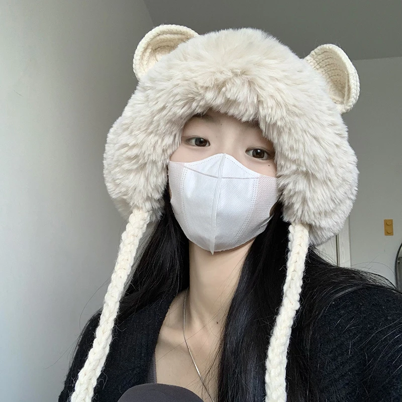 韩版甜美可爱小熊毛绒针织雷锋帽子女秋冬季保暖护耳毛线双层冷帽