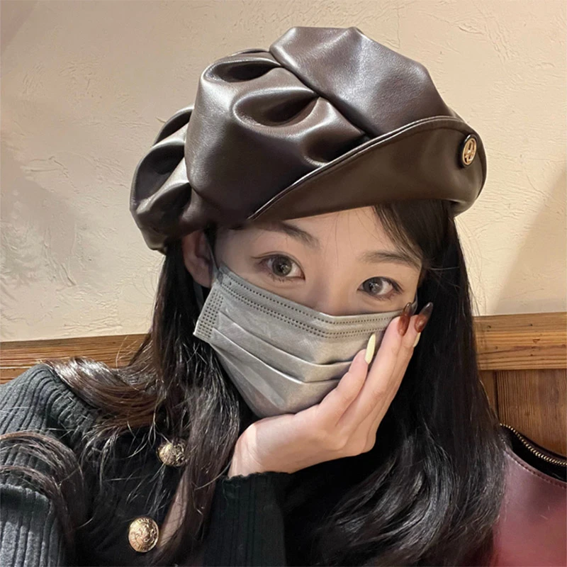 韩版褶皱皮质黑色贝雷帽子女秋冬小众设计师款复古气质百搭画家帽