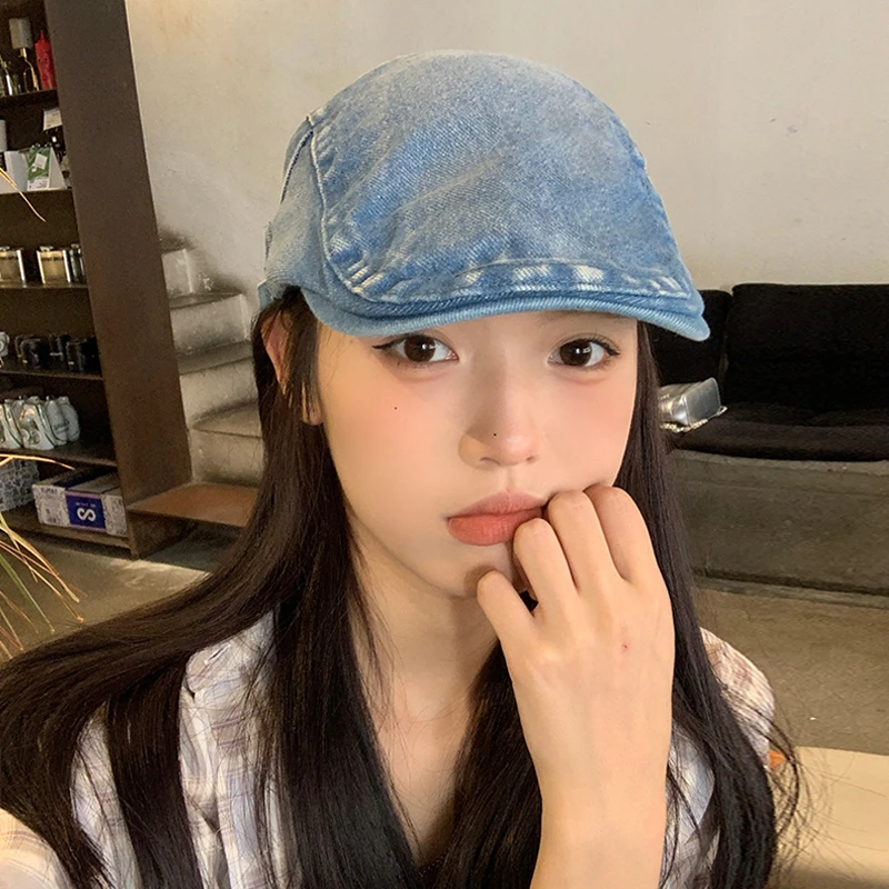 复古水洗做旧牛仔反戴贝雷帽女夏季港风英伦街头潮流前进帽鸭嘴帽