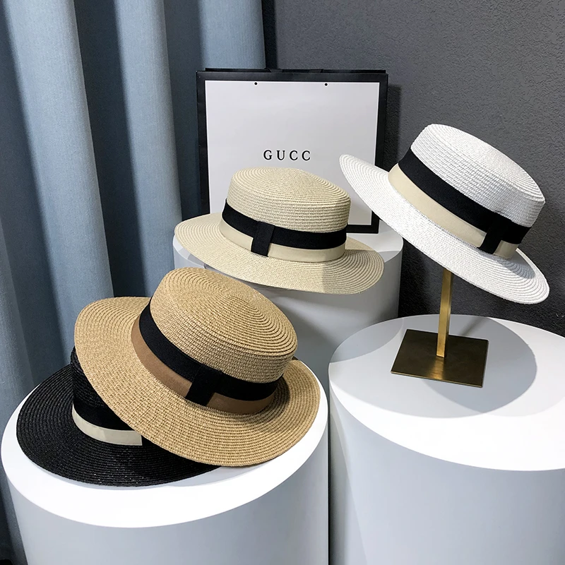夏季草帽女遮阳海边度假沙滩帽平顶复古法式礼帽出游防晒太阳帽子
