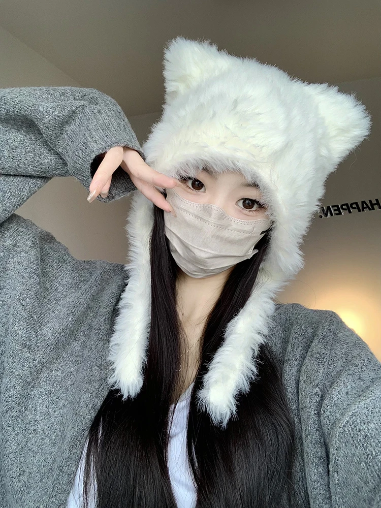 可爱小熊帽子女秋冬新款百搭保暖毛线帽护耳毛绒绒雷锋帽针织帽男